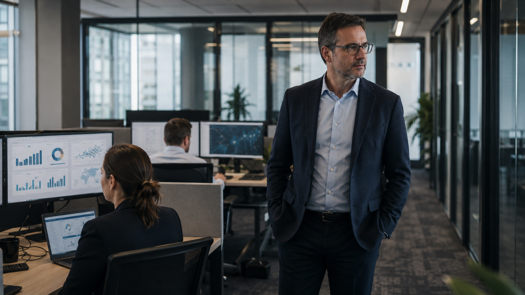 A manager standing in a modern Luxembourg open-plan office while an employee reviews analytics dashboards on multiple monitors