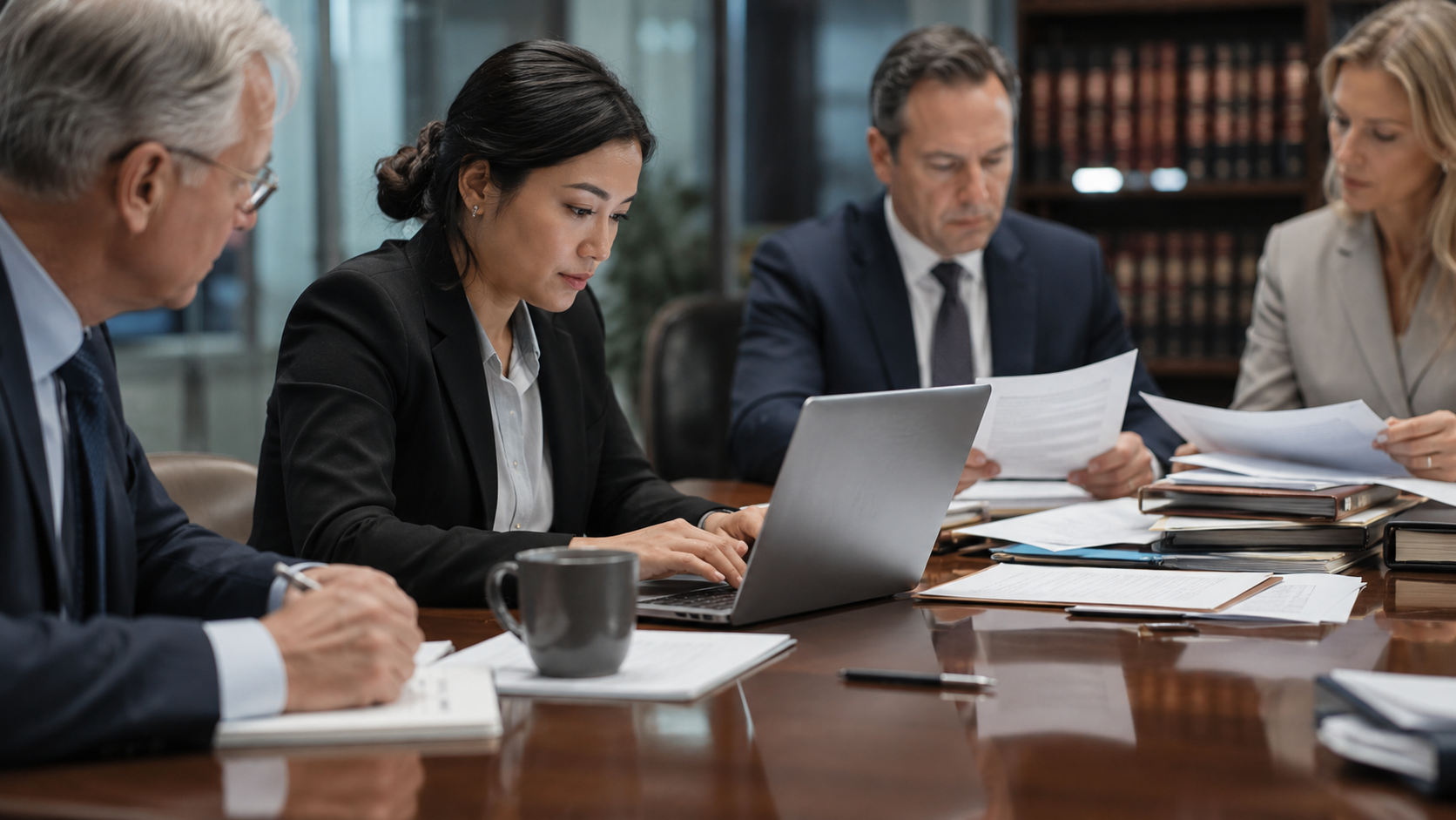 Lawyers and consultants reviewing annotated documents and using a laptop around a polished conference table, with legal books visible in the background